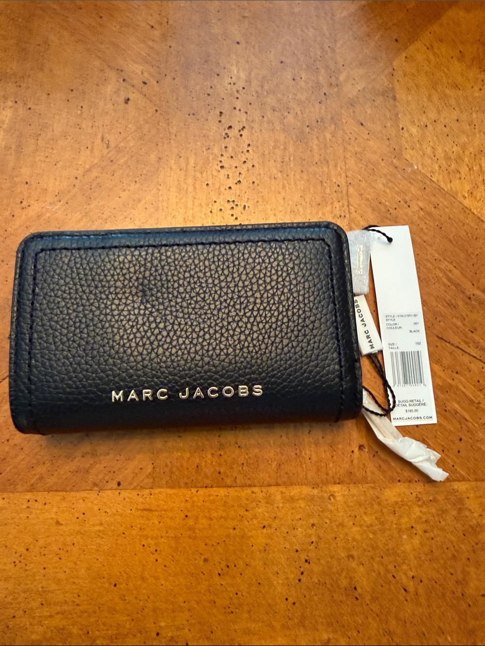 Marc Jacobs Black Pebbled Leather Card Holder Wallet with Gold Logo